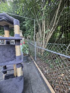 Sicherheitsnetz auf einer Terrasse als Freilauf für die Katzen / Tiere in Zürich. Schutz vor dem davonlaufen der Tiere. Verbau an bestehenden Gartenhag.